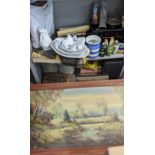 A large mixed lot to include an oil on canvas depicting a woodland scene, mixed ceramics, a Zither