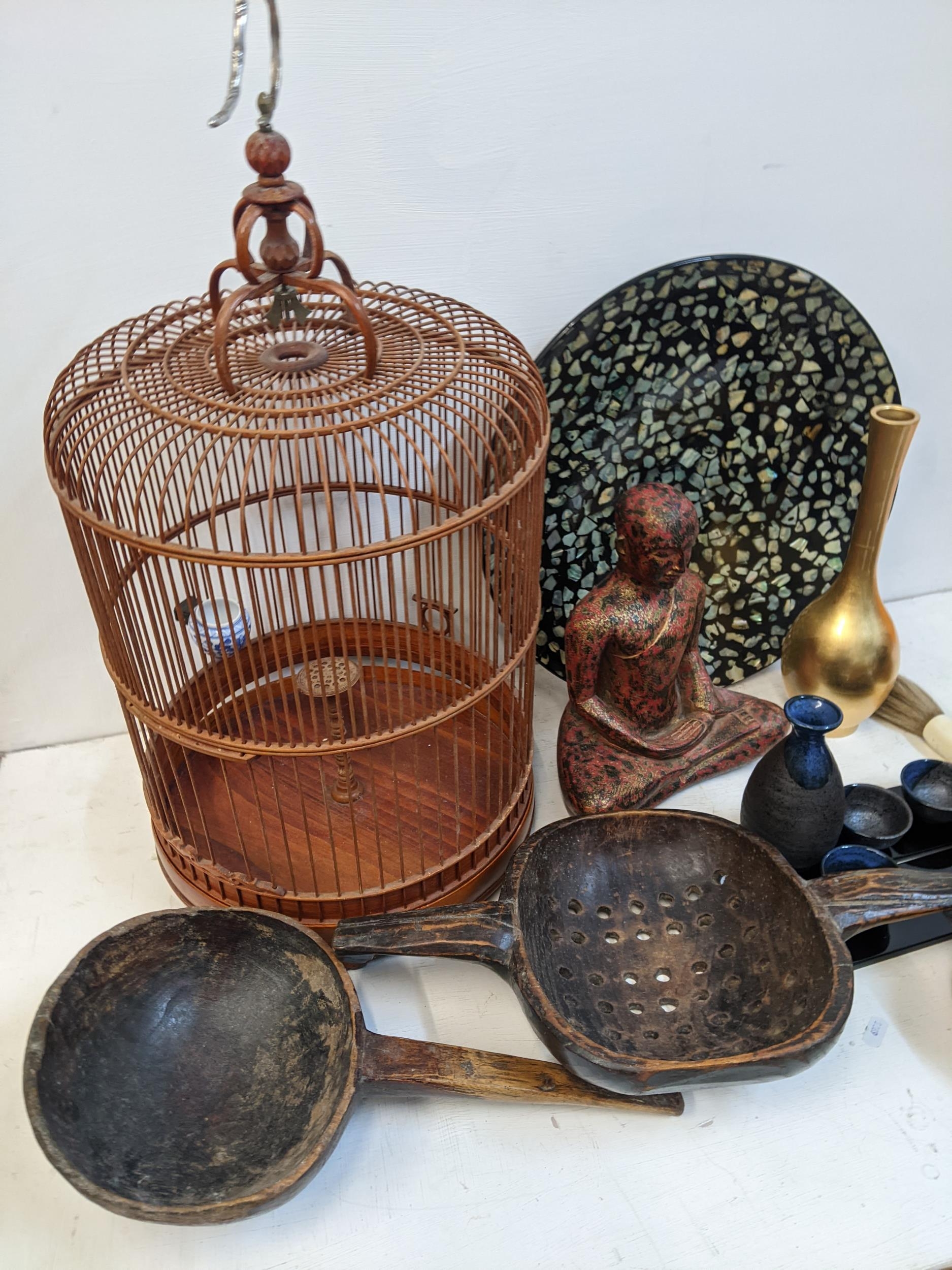 Oriental items to include Saki cups, a bird cage, eggs, a buddha and other items Location: - Image 2 of 2