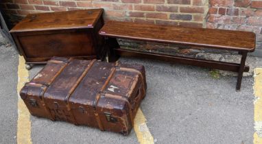 A mixed lot to include a trunk, school bench and a blanket chest Location: