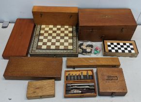 Mixed boxes to include a parquetry inlaid Middle Eastern chess/backgammon board with contents
