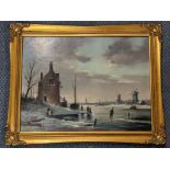 Michael Jeffries - oil on board depicting a Dutch frozen waterway scene, signed to the lower right