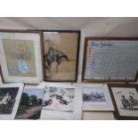 Pictures to include an indenture, a watercolour still life, an engraving of birds and a signed a
