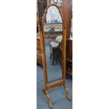 A Queen Anne style walnut cheval mirror on four splayed legs 161h x 43.5W cm Location: