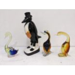 A Royal Doulton Old Crow bourbon whisky bottle and three Murano style glass model ducks Location: