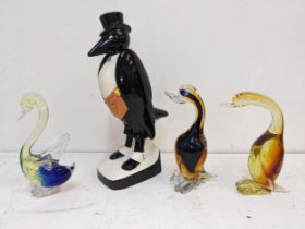 A Royal Doulton Old Crow bourbon whisky bottle and three Murano style glass model ducks Location: