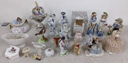 A mixed lot to include a Dresden lidded vase, boxed Dresden Charlotte figure and other items