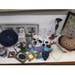 Ceramics glassware coins and collectables to include a lamp a candelabra, flatware, Beatrix Potter