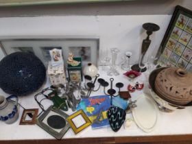 Ceramics glassware coins and collectables to include a lamp a candelabra, flatware, Beatrix Potter