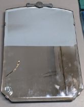 An Art Deco frameless mirror having a chrome Deco detail to the top, 38cm h x 25cm w Location: A3F