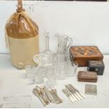 A mixed lot to include a parquetry sewing box along with mixed cutlery to include knives and forks