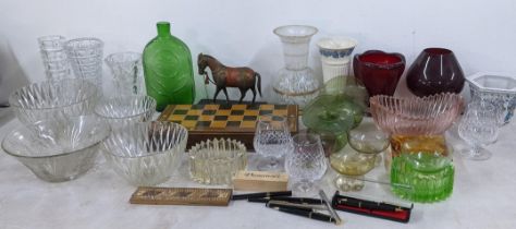 A mixed lot to include a chess set, glassware, pens, Wedgwood vase, treen carving and other items