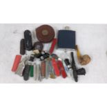 A mixed lot to include pen knives, two pipes, hip flask and other items Location;