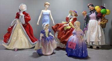 Six Royal Doulton figures to include Top of the Hill, Rachel, Biddy, Penny Farthing, Dian Princess