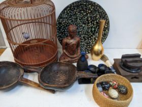 Oriental items to include Saki cups, a bird cage, eggs, a buddha and other items Location: