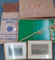 A shove ha'penny board, a table skuttles game and two antiquarian prints of Windsor Castle Location: