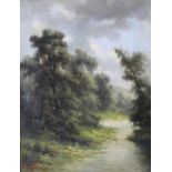 A Stuart - a river scene with tree lined banks and hills beyond, oil on canvas, 46cm x 35cm, in a