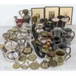 A mixed lot of silver plated items to include a pair of silver plated goblets, a tea pot milk jug,