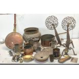 A mixed lot of metalware to include a pair of fine dogs, copper pots, silver plated sugar caster and