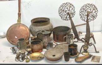 A mixed lot of metalware to include a pair of fine dogs, copper pots, silver plated sugar caster and