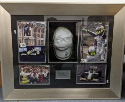 Jenson Button - a signed cap and various photographs mounted in a box frame Location: