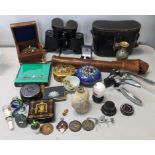 A mixed lot to include Limer binoculars, cloisonne lacquered boxes, marksmanship medallions and
