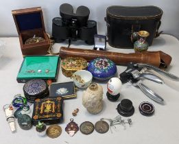 A mixed lot to include Limer binoculars, cloisonne lacquered boxes, marksmanship medallions and