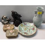 A 19th century Chinese celadon famille rose plate together with a Chinese celadon vase and other