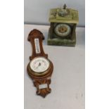 A Green onyx marble mantle clock together with a barometer Location: