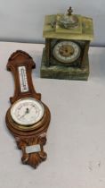 A Green onyx marble mantle clock together with a barometer Location: