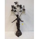 A reproduction of a bronzed finished Art Nouveau style table lamp, fashioned as a woman with three