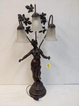 A reproduction of a bronzed finished Art Nouveau style table lamp, fashioned as a woman with three