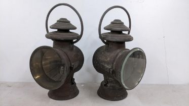 A pair of early 20th century French vehicle lamps, brass plates attached 'G.Ducellier Lanternes