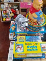 A quantity of vintage children's games and toys to include shop grocery boxes, a drum and a Tekno