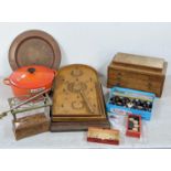 A mixed lot to include Le Creuset cooking pot, a vintage bagatelle board and balls, carpet bowls and