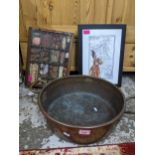 A miscellaneous lot to include a twin handled copper preserve pan, a small wall hanging print tray