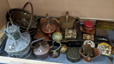 Mixed metalware to include a kettle, vintage lanterns, fire irons and other items Location: