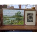 Two pictures comprising of a river scene with a figure fishing oil on board signed L Cooper -