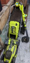 A Ryobi lawnmower and strimmer Location: