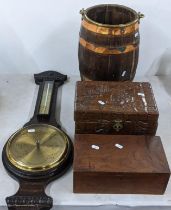 A mixed lot to include a 19th century copper bound bucket, Gregory & Seeley barometer, Chinese