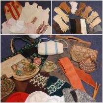 Vintage bags, gloves and hats to include a Harrods brown suede bonnet style hat, glove stretchers,