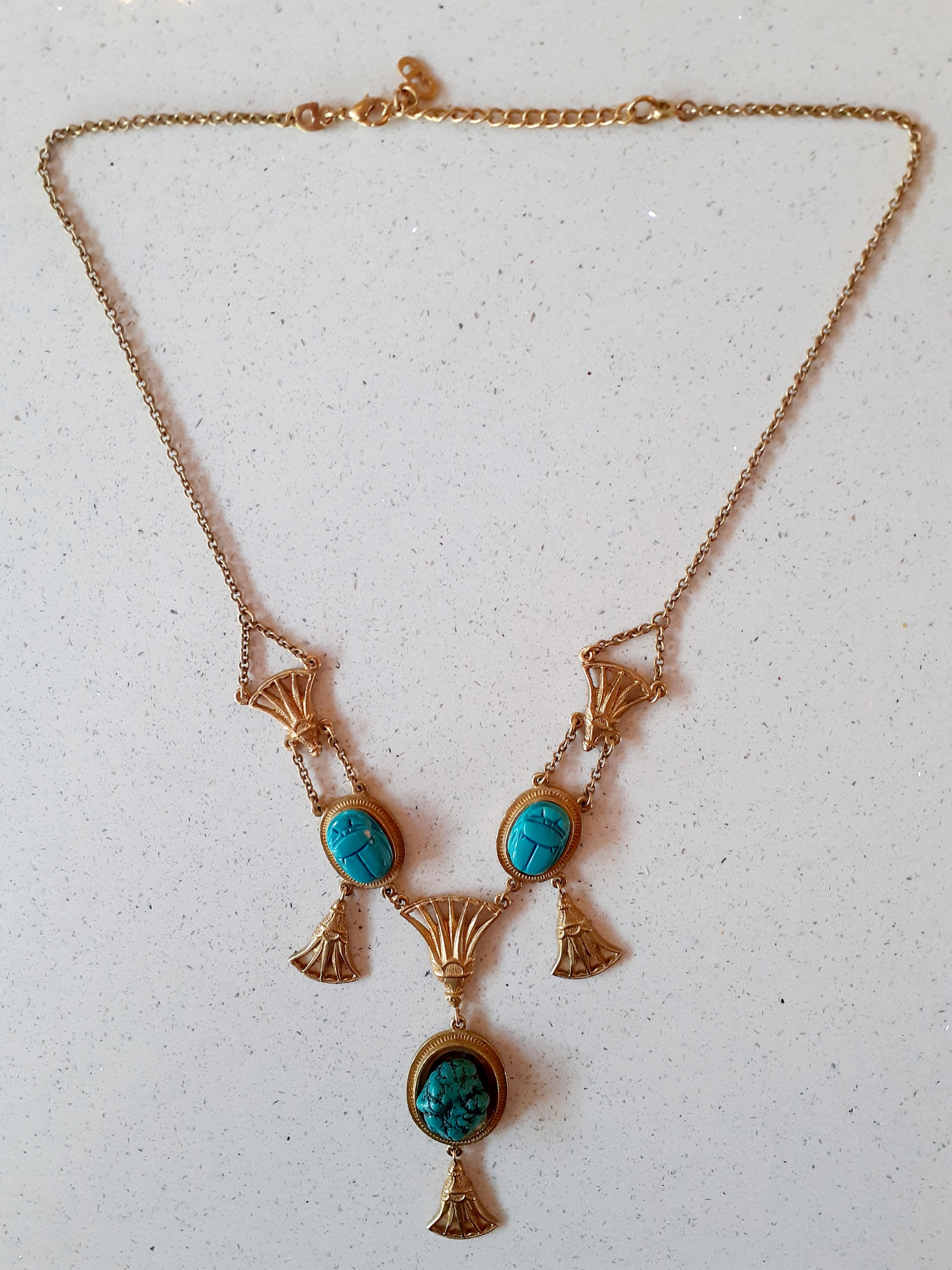 Christian Dior-A vintage Egyptian Revival inspired gold tone and turquoise cabochon scarab - Image 2 of 5