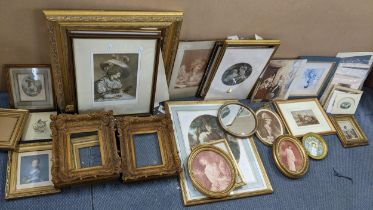 A selection of mainly engravings and picture frames to include a pair of 19th century ornate gilt