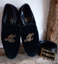 Hermes-A pair of unisex black velvet flats with gold embroidered monogram to the upper having a
