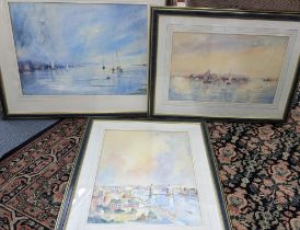 Michael Goymour - Three watercolours to include one depicting London entitled 'Across the River'