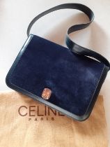 Celine-A vintage Celine Triomphe navy leather and suede single flap handbag having gold tone