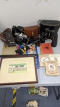 A mixed lot to include a Canon FTB, a vintage Kodak, Canon 7 x 50 7.2, a Seiko ladies wristwatch and