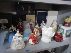 A collection of Royal Doulton, Wedgwood and Coalport lady figurines and other items to include a