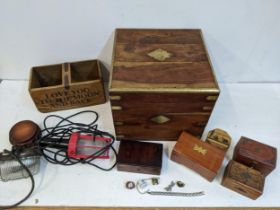 An Indian teak and brass chest with various wooden boxes and two inspection lamps, no plugs