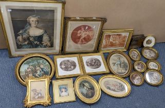 A selection of gilt framed pictures to include a water colour of two children, mixed engravings