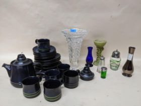 A mixed lot to include an art nouveau glass sugar shaker with green and white beaded trailing, Denby